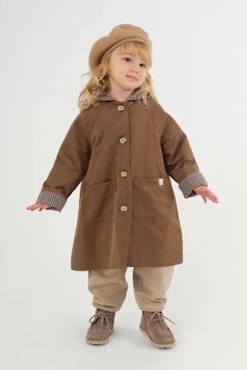 Hooded Checked Lined Trench Coat Brown