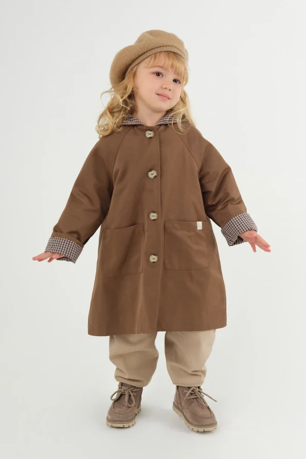 Hooded Checked Lined Trench Coat Brown