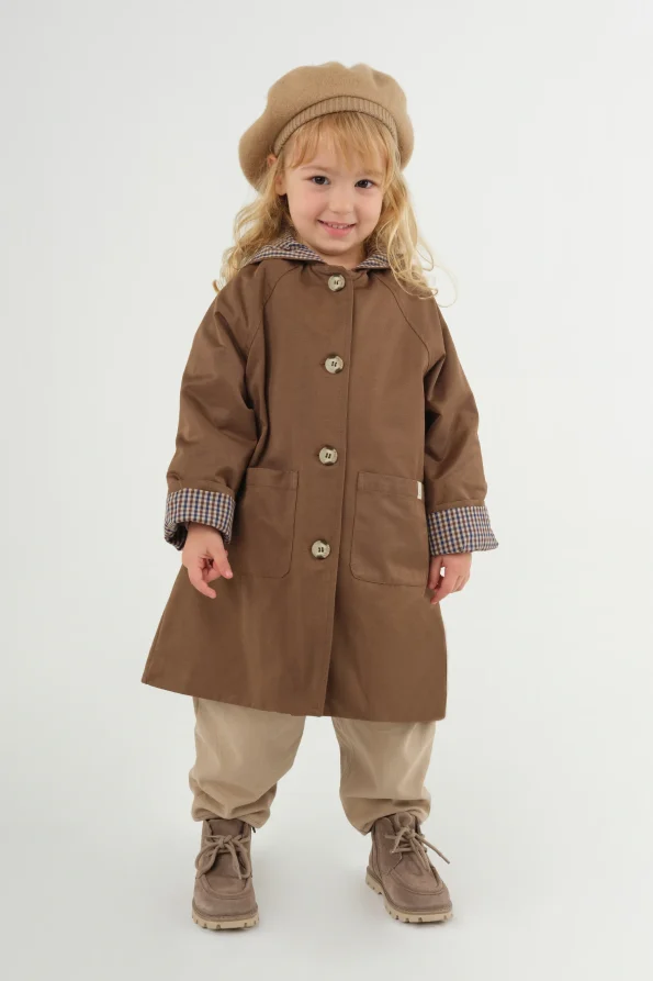 Hooded Checked Lined Trench Coat Brown