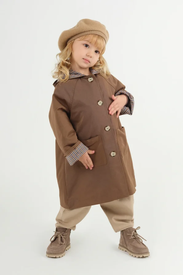 Hooded Checked Lined Trench Coat Brown