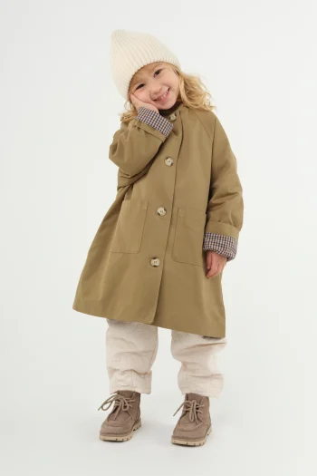 Hooded Checkered Lined Trench Coat Olive