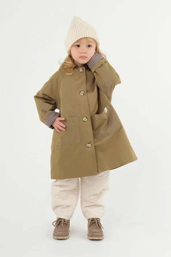 Hooded Checkered Lined Trench Coat Olive