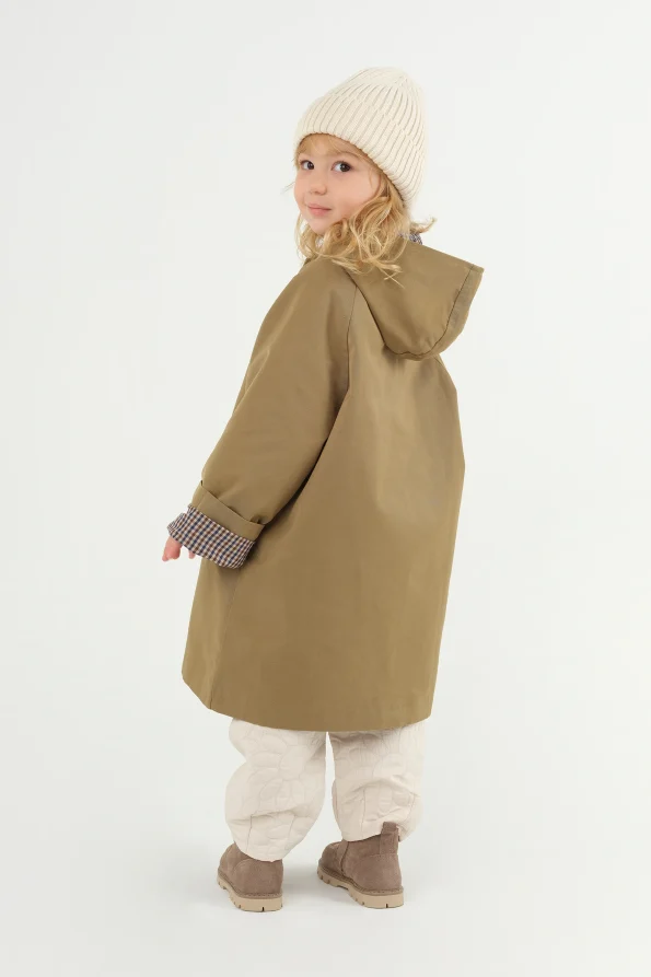 Hooded Checkered Lined Trench Coat Olive