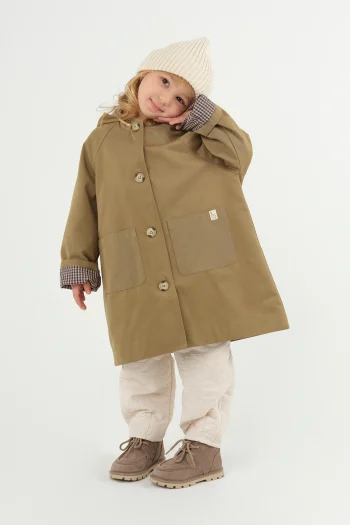 Hooded Checkered Lined Trench Coat Olive