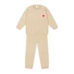 Butterfly Embroidered Beige Herringbone Sweater and Pants Set