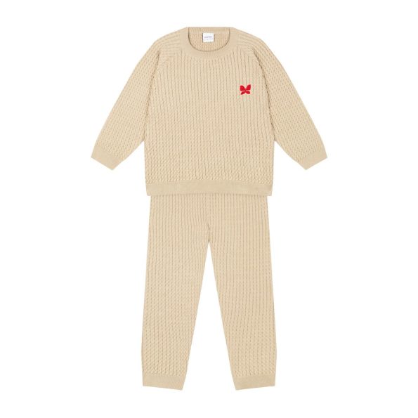 Butterfly Embroidered Beige Herringbone Sweater and Pants Set