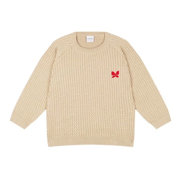 Butterfly Embroidered Beige Herringbone Sweater and Pants Set