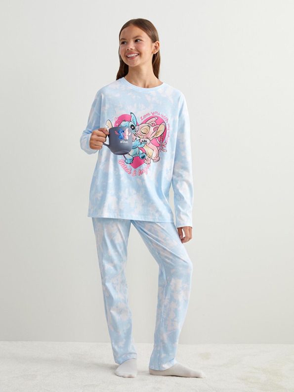 LCW Kids Blue Crew Neck Stitch and Angel Printed Girls Pajama Set