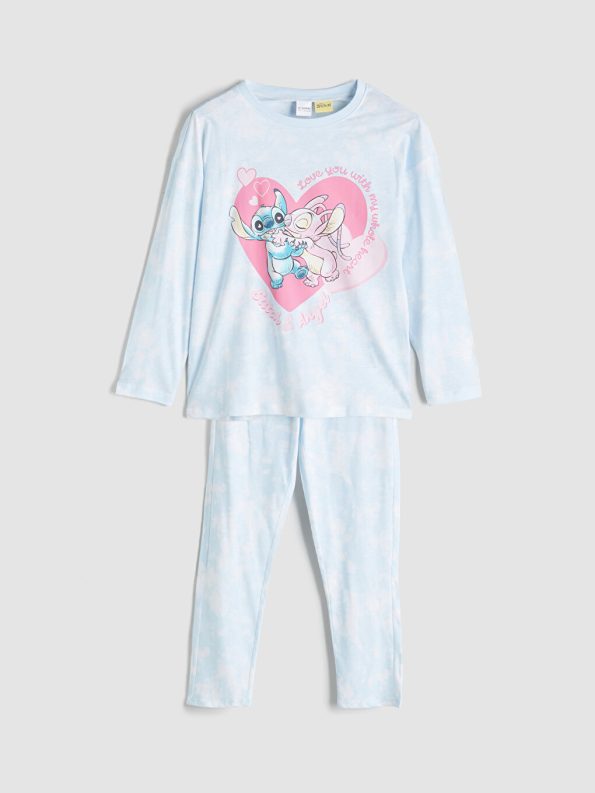 LCW Kids Blue Crew Neck Stitch and Angel Printed Girls Pajama Set