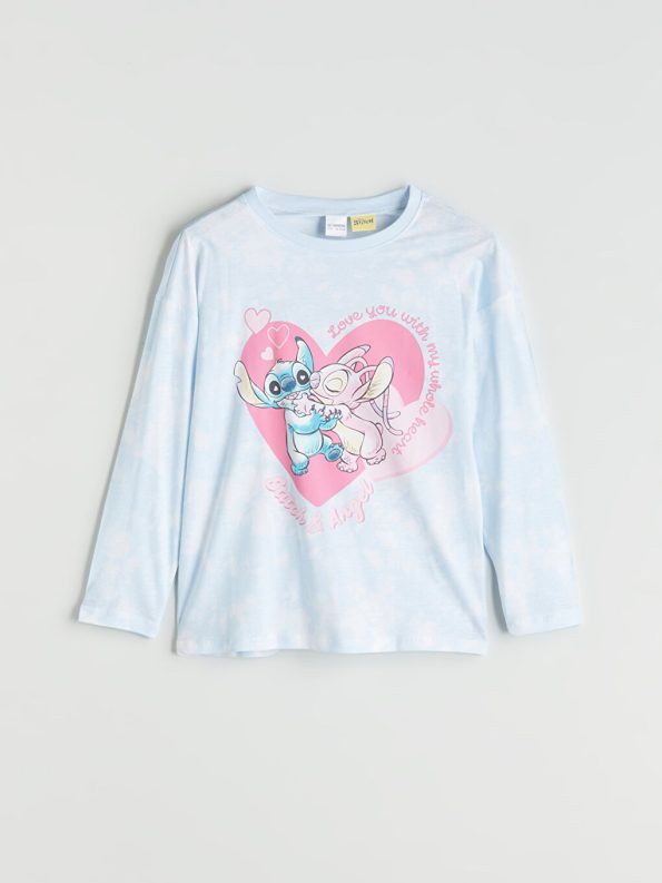 LCW Kids Blue Crew Neck Stitch and Angel Printed Girls Pajama Set
