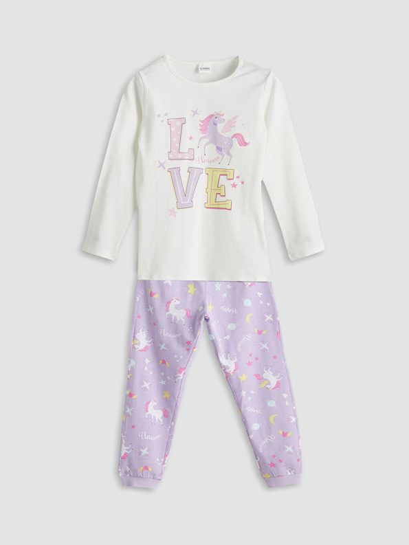 LCW Kids Cream Crew Neck Girl's Pajama Set