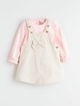 LCW Baby Beige Bow Detailed Velvet Girl's Dungaree Dress and T-Shirt