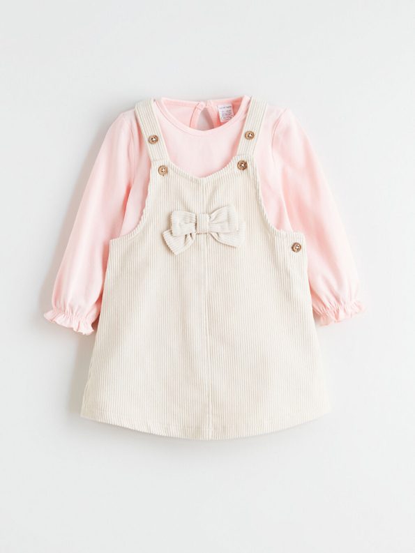 LCW Baby Beige Bow Detailed Velvet Girl's Dungaree Dress and T-Shirt