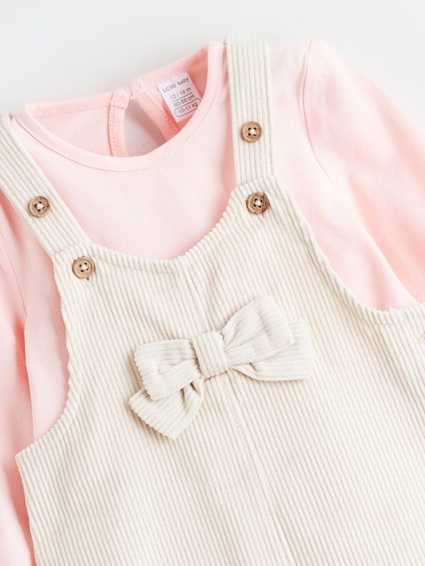 LCW Baby Beige Bow Detailed Velvet Girl's Dungaree Dress and T-Shirt