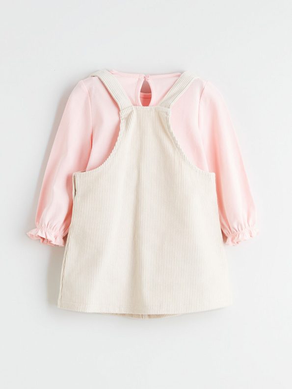 LCW Baby Beige Bow Detailed Velvet Girl's Dungaree Dress and T-Shirt