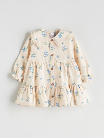 LCW Baby Beige Ruffled Collar Printed Dress for Girls