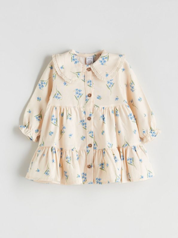 LCW Baby Beige Ruffled Collar Printed Dress for Girls