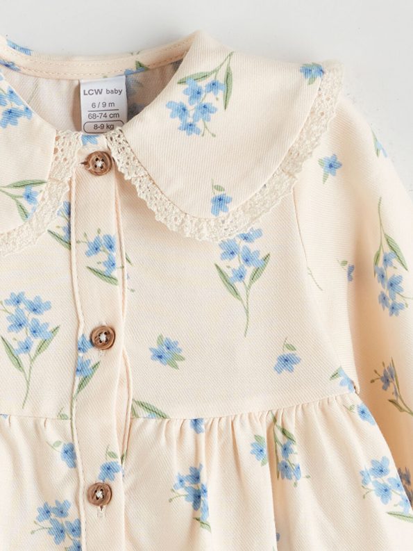LCW Baby Beige Ruffled Collar Printed Dress for Girls