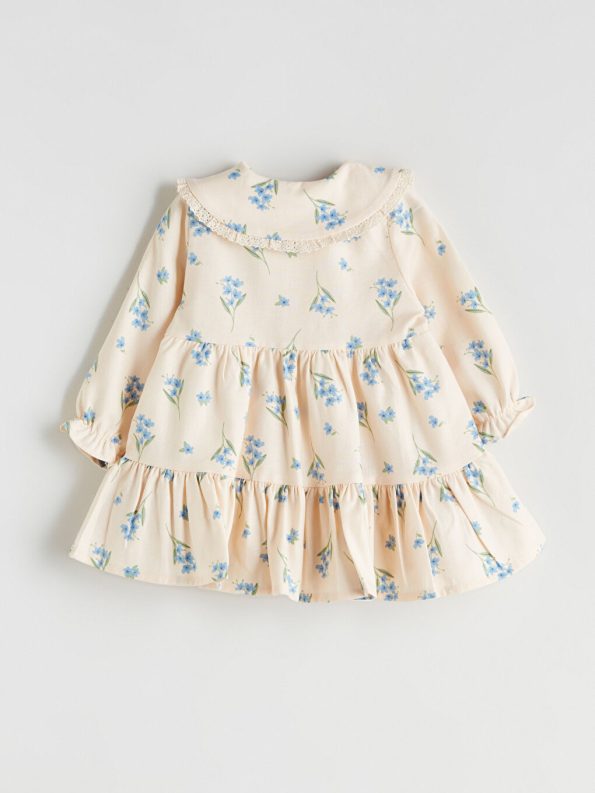 LCW Baby Beige Ruffled Collar Printed Dress for Girls