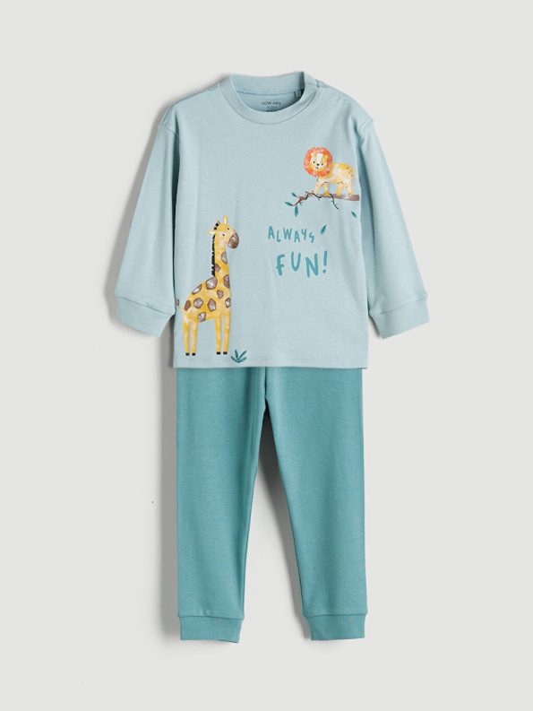 LCW Baby Blue Printed Boys T-Shirt and Pants Set