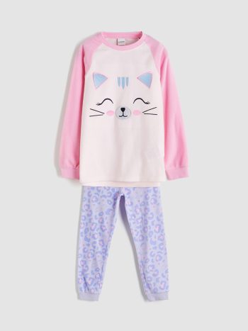LCW Kids Pink Crew Neck Fleece Pajama Set for Girls