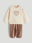 LCW Baby Beige Printed Sweatshirt and Velvet Pants Set