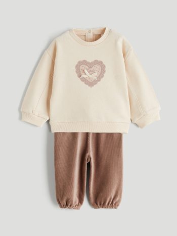 LCW Baby Beige Printed Sweatshirt and Velvet Pants Set