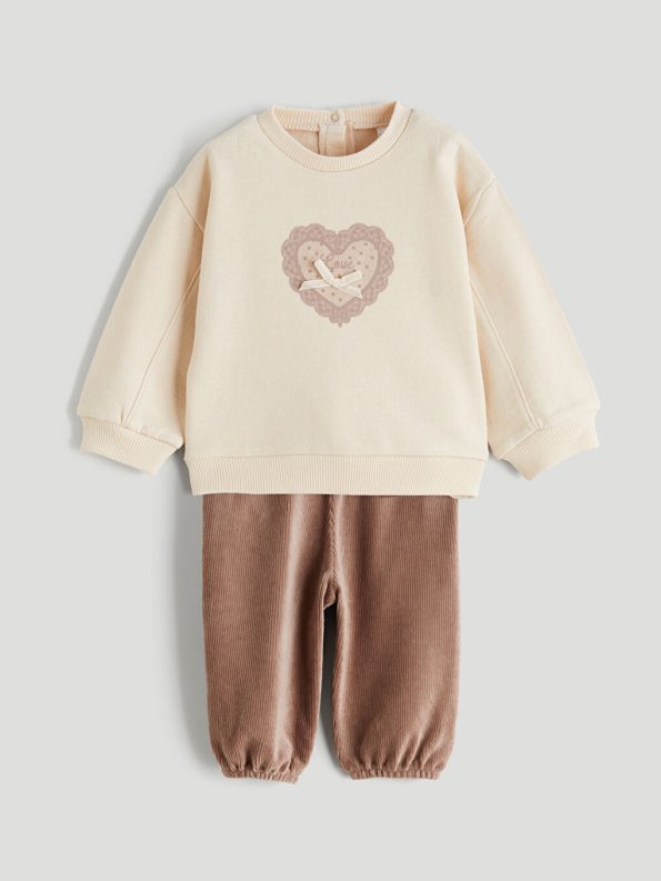 LCW Baby Beige Printed Sweatshirt and Velvet Pants Set