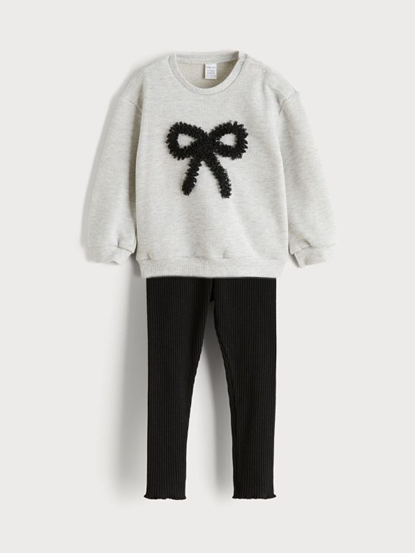 LCW Baby Gray Bow Printed Girls Sweatshirt and Leggings Set