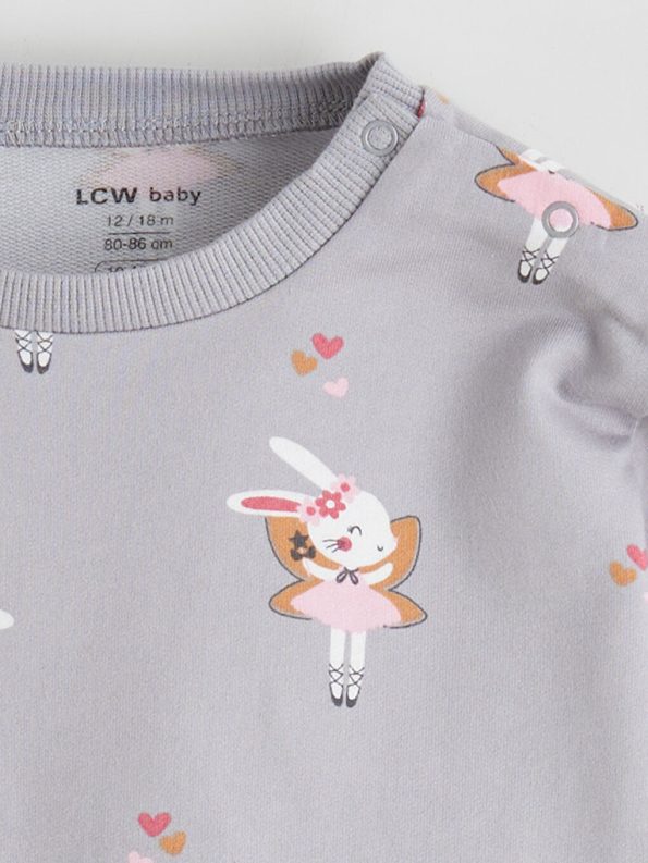 LCW Baby Gray Rabbit Print Girls Sweatshirt and Pants Set