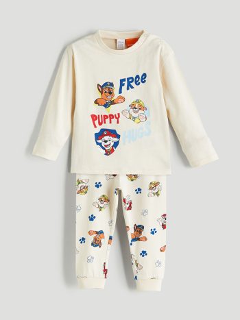 LCW Baby Beige Crew Neck Paw Patrol Printed Boys Pajama Set