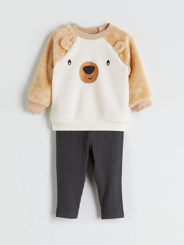 LCW Baby Beige Crew Neck Boys Sweatshirt and Leggings