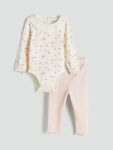 LCW Baby Ecru Crew Neck Girl's Bodysuit and Leggings