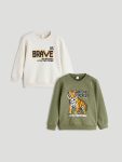 LCW Kids Haki Crew Neck Printed Boys Sweatshirt Set