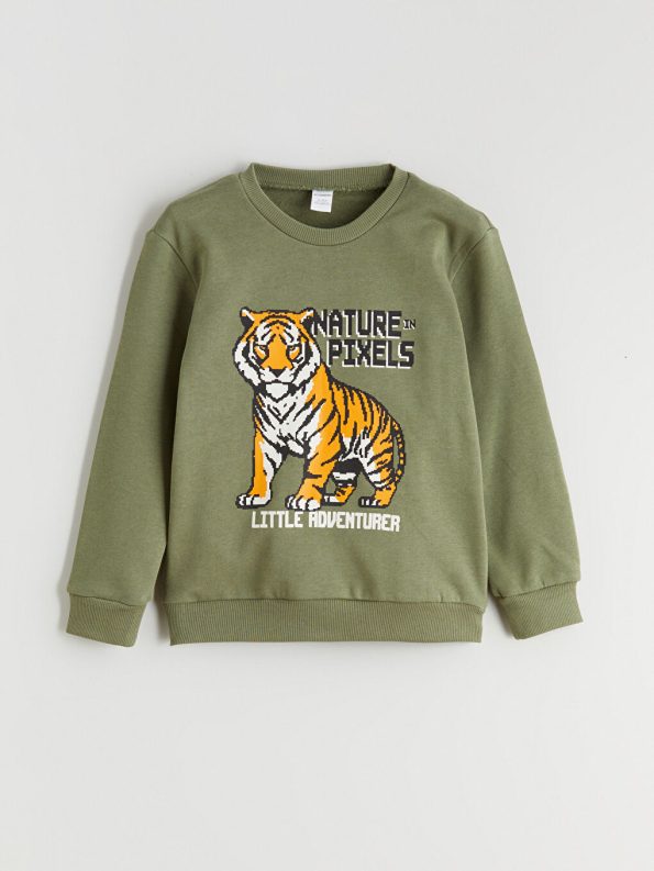 LCW Kids Haki Crew Neck Printed Boys Sweatshirt Set