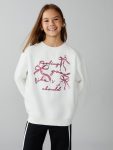 LCW Kids Cream Bow Printed Thick Girls Sweatshirt