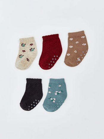LCW Baby Cream Floral Girls' Ankle Socks Set of 5
