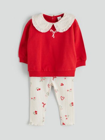 Red Printed Baby Girl Sweatshirt and Leggings Set