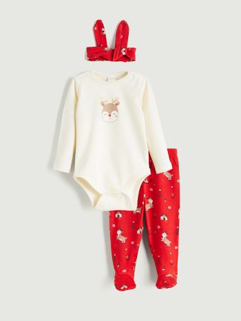 LCW Baby Beige Printed Crew Neck Girls' Outfit Set