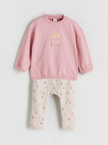 LCW Baby Pink Printed Girl Sweatshirt and Leggings Set