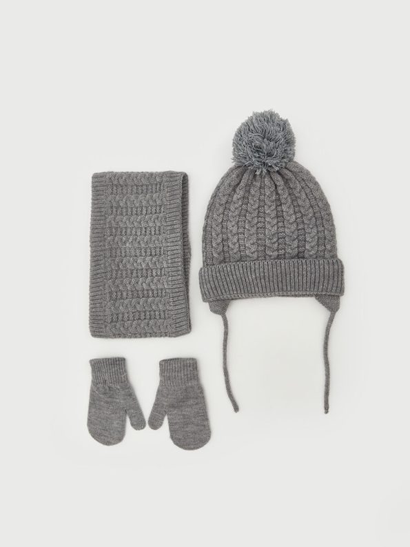 LCW Baby Gray Pom-Pom Knitted Hat Scarf and Gloves Set