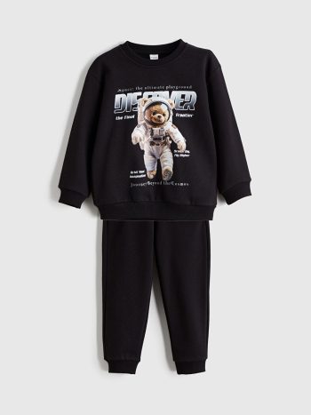 LCW Kids Black Bear Print Boys Sweatshirt and Pants Set