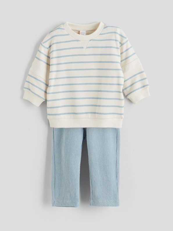 LCW Baby Cream Striped Boys Sweatshirt and Velvet Pants