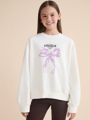 LCW Kids Ecru Crew Neck Bow Print Girls Sweatshirt