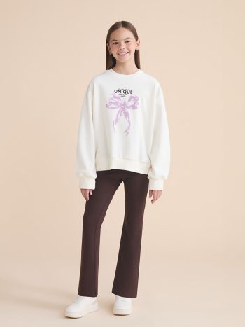 LCW Kids Ecru Crew Neck Bow Print Girls Sweatshirt