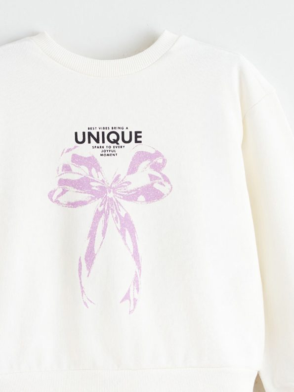 LCW Kids Ecru Crew Neck Bow Print Girls Sweatshirt