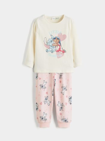 LCW Kids Cream Crew Neck Stitch Printed Girls Pajama Set