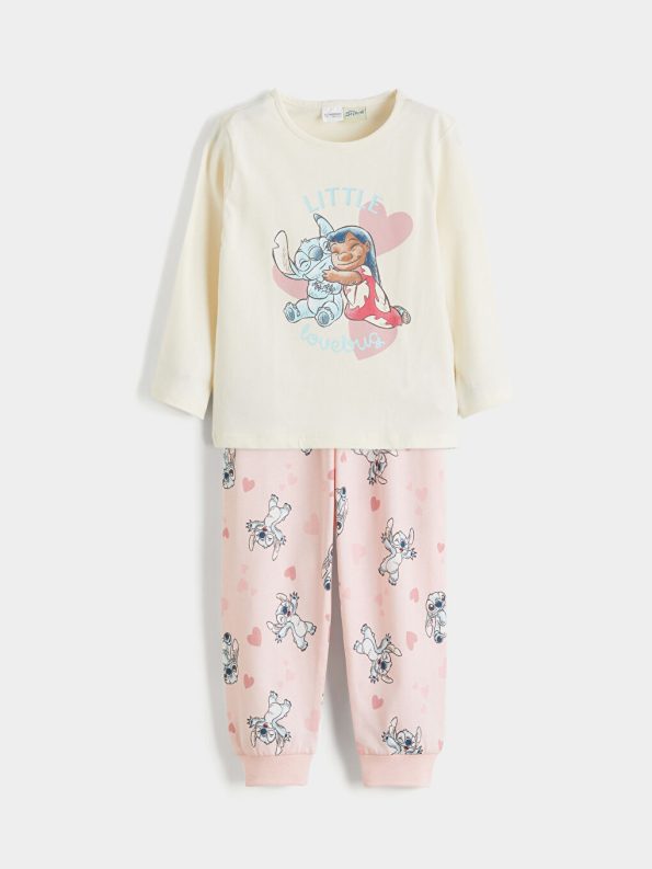 LCW Kids Cream Crew Neck Stitch Printed Girls Pajama Set