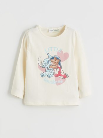 LCW Kids Cream Crew Neck Stitch Printed Girls Pajama Set