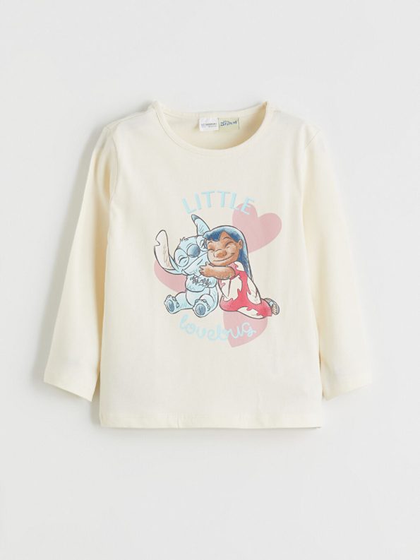 LCW Kids Cream Crew Neck Stitch Printed Girls Pajama Set